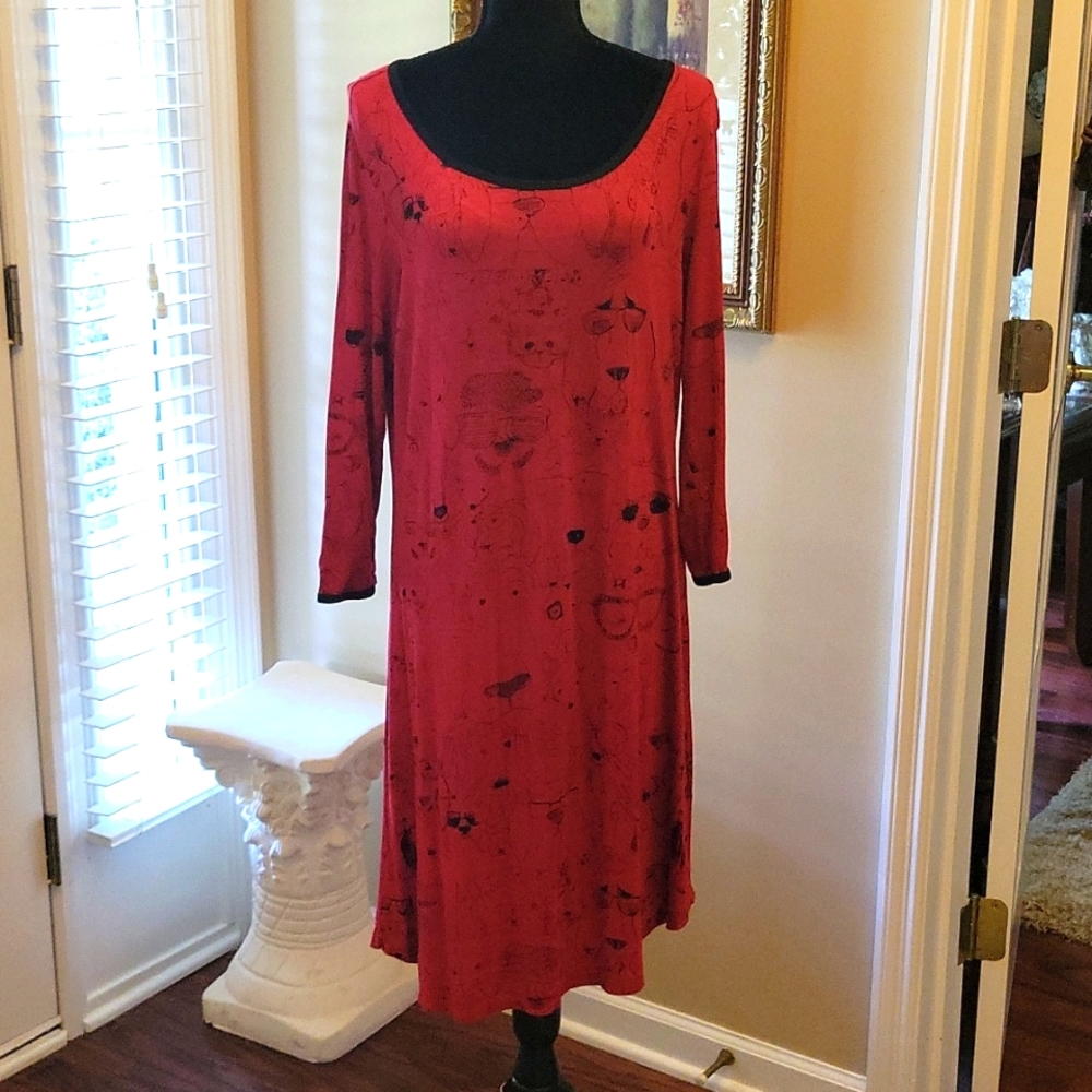 CHICO'S red black dog cat print stretch dress round neckline 3/4 sleeve …S/M EUC